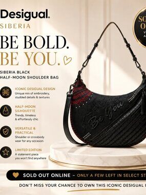 Desigual Siberia Black Half Moon Shoulder Bag Studded Embroidered Crossbody $310
